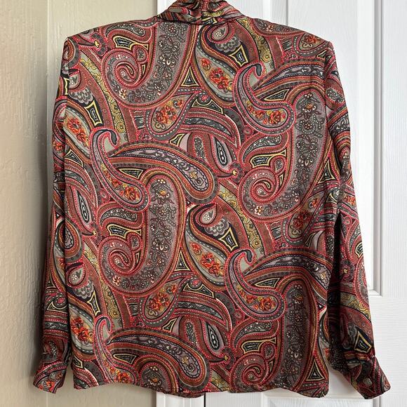 Vintage Paisley Print Button Up Blouse Women's Long Sleeve Silk Blend Top - Picture 2 of 6